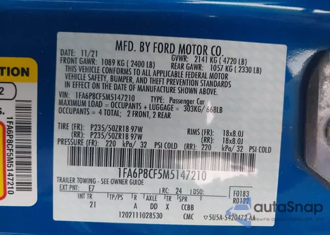 2021 Ford Mustang Gt Fastback z USA, uszkodzony, nr VIN 1FA6P8CF5M5147210